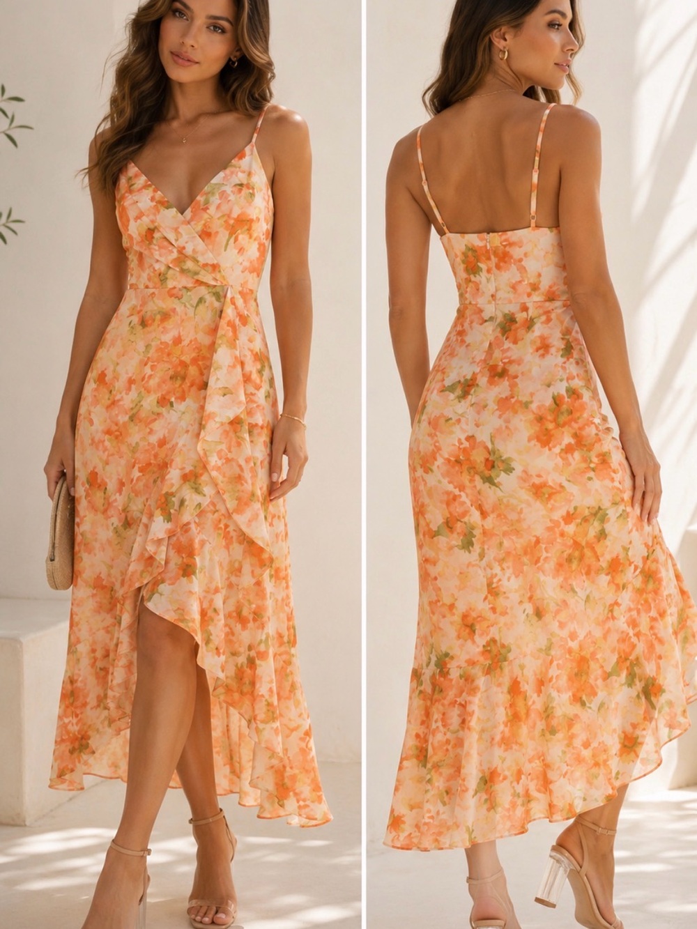 Chelsea28 Floral Faux Wrap Midi Dress Orange Green Size Small wedding guest